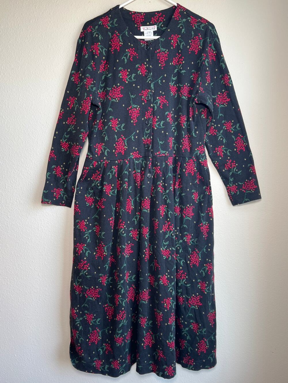 Vintage 90s Talbots Large Black Red Holly Cotton Button Front Pocket Midi Dress